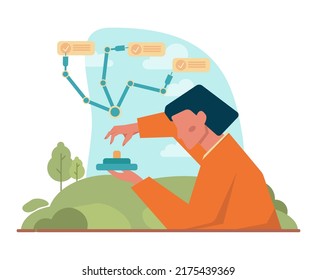 Automation. Industrial automated system for manufacturing process development. Business people working with automated technology, modern technical equipment. Flat vector illustration