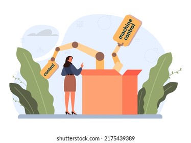 Automation. Industrial automated system for manufacturing process development. Business people working with automated technology, modern technical equipment. Flat vector illustration