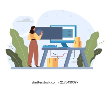 Automation. Industrial automated system for manufacturing process development. Business people working with automated technology, modern technical equipment. Flat vector illustration