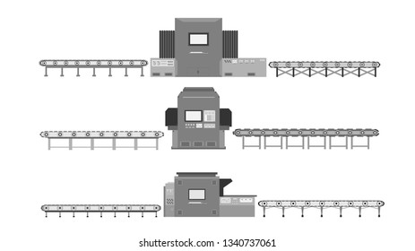 Automation industrial concept with set of control panels and conveyor belts vector illustration