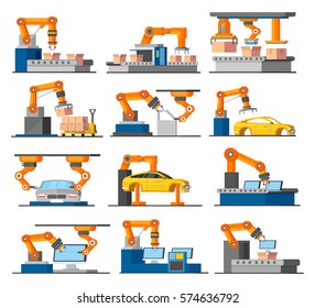Automation industrial process elements set with robotic arms working on assembly and packaging line isolated vector illustration