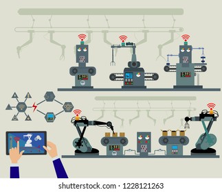 Automation industrial with smart technology to set the production and transportation internet of things concepts and tablet with human machine interface.
