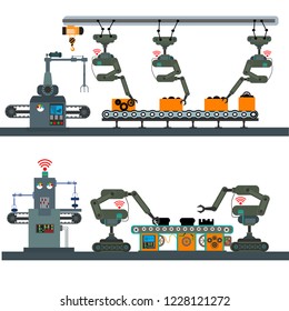 Automatización industrial con tecnología inteligente para establecer la Internet de producción y transporte de cosas conceptos y tableta con interfaz de máquina humana.