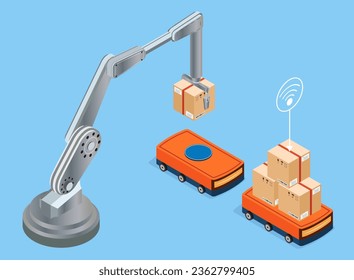 Automation Industry 4.0 concept with Robot arm and cardboard boxes on Autonomous Robot Transportation operation service. Vector illustration eps10