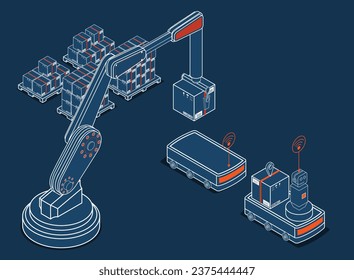 Automation Industry 4.0 concept with Robot arm and cardboard boxes on Autonomous Robot Transportation operation service. Vector illustration eps10