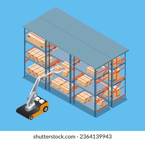Automation Industry 4.0 concept with Robotic Arm Taking A Cardboard Box In The Warehouse. Autonomous Robot Transportation operation service. Vector illustration eps10
