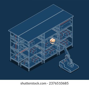 Automation Industry 4.0 concept with Robotic Arm taking a Cardboard Box in the Warehouse. Autonomous Robot Transportation operation service. Vector illustration eps10