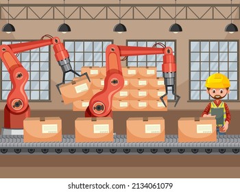 Automation industry concept with assembly line robots illustration