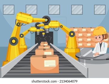 Concepto de la industria de automatización con ilustración de robots de línea de ensamblaje