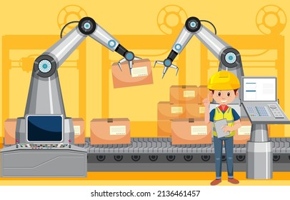 Automation industry concept with assembly line robots illustration