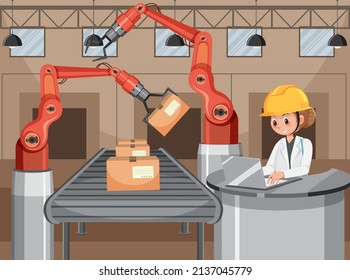 Automation industry concept with assembly line robots illustration