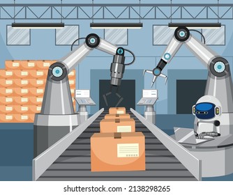 Concepto de la industria de automatización con ilustración de robots de línea de ensamblaje