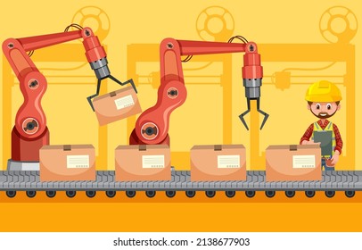 Automation industry concept with assembly line robots illustration