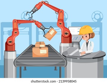 Automation industry concept with assembly line robots illustration