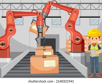 Automation industry concept with assembly line robots illustration