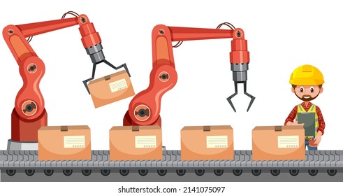 Automation industry concept with assembly line robots illustration