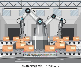Automation industry concept with assembly line robots illustration