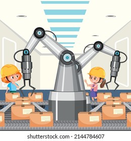 Automation industry concept with assembly line robots illustration