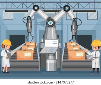 Concepto de la industria de automatización con ilustración de robots de línea de ensamblaje