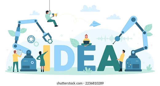 Automation of industry, creative startup technology vector illustration. Cartoon tiny people, machines and robots arms build idea word, partnership of factory machinery and team of characters - Powered by Shutterstock - Get 15% off with code: PIKWIZARD15