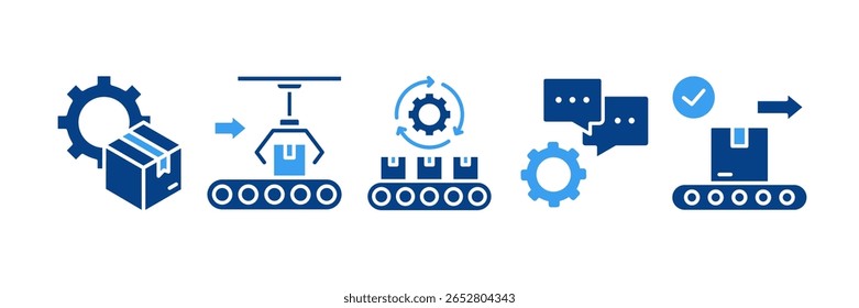 Automation Industry Icon Set Multiple Style Collection, Containing design Production, Product Manufacturing, Manufacturing Process, Decision Engine, Conveyor Belt