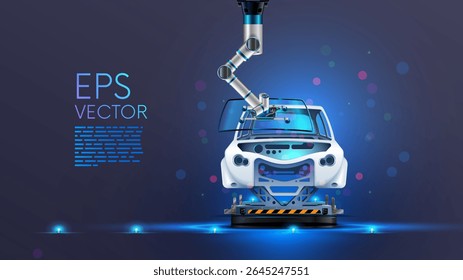Setor de automação. Trabalho de braço robô em fábrica de carros ou linha de fabricação. Mão robótica prende para-brisa ou vidro no carro. Automação industrial de tecnologia de produção de automóveis. Indústria 4.0