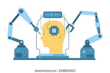 Automation in industry, smart manufacturing vector illustration. Cartoon isolated robot arms build abstract head with gears and circuit, machine learning and digital solutions of automatic machinery