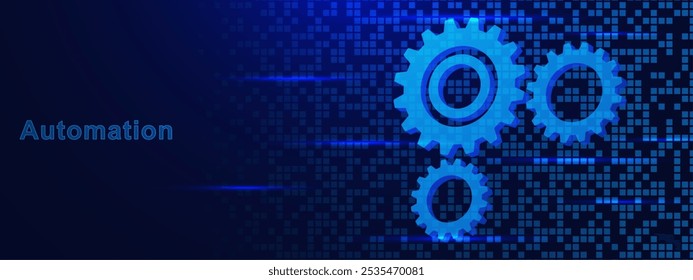 Automation and IOT concept with 3D gearwheel and digital pixels. Binary data and digital code on dark blue background. Vector illustration