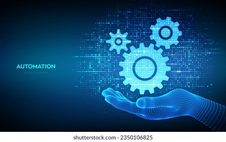 Concepto de software de automatización e informática. Iconos de engranajes hechos con código binario en la mano del wireframe. Datos binarios digitales y código digital de streaming. Fondo de matriz con dígitos 1.0. Ilustración vectorial.