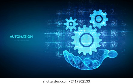 Concepto de software de automatización e informática. Iconos de engranajes hechos con código binario en la mano del wireframe. Datos binarios digitales y código digital de streaming. Fondo de matriz con dígitos 1.0. Ilustración vectorial.