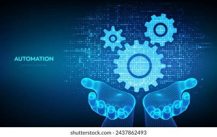 Automation and IOT software concept. Gears icons made with binary code in wireframe hands. Digital binary data and streaming digital code. Matrix background with digits 1.0. Vector Illustration.
