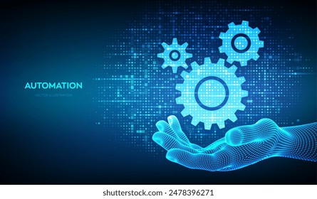 Automation and IOT software concept. Gears icons made with binary code in wireframe hand. Digital binary data and streaming digital code. Matrix background with digits 1.0. Vector Illustration.