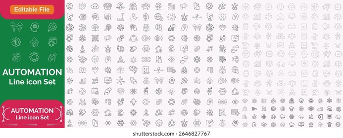 Conjunto de iconos de línea de automatización con trazo editable, con proceso inteligente, automatización financiera, interfaz de usuario, modelo de negocio, optimización digital, algoritmo, BPM.