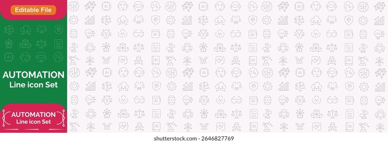 Ícone de linha de automação definido com traçado editável, apresentando processo inteligente, automação financeira, interface do usuário, modelo de negócios, otimização digital, algoritmo, BPM. ilustração.