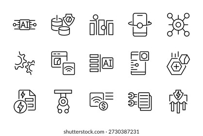 Automation line icon set. Process, flowchart, progress, management, automation, machine learning, smart robotics, innovation, network outline icon pack