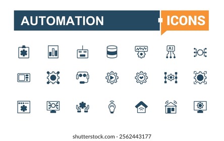 Automation linear icon collection. Contains such icons as engineering, flow, business, gear, production, product and more. Thin linear style icons. Outline and solid pictogram.