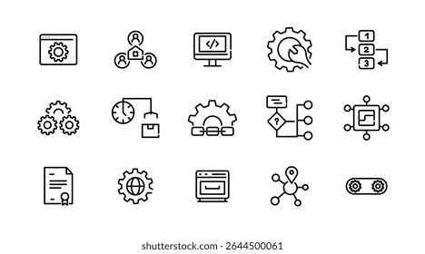 Automation linear icon set. Artificial Intelligence, information technology, computing, IT manager, network, internet, big data, cloud, analytics, business vector icon set. UI thin line icon pack.