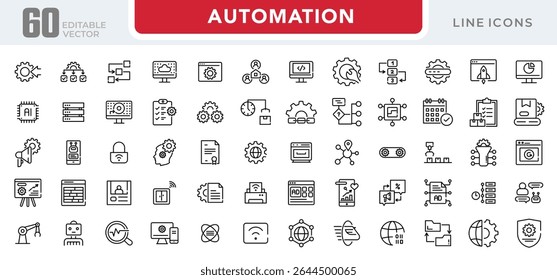 Automation linear icon set. Artificial Intelligence, information technology, computing, IT manager, network, internet, big data, cloud, analytics, business vector icon set. UI thin line icon pack.