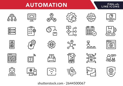 Automation linear icon set. Artificial Intelligence, information technology, computing, IT manager, network, internet, big data, cloud, analytics, business vector icon set. UI thin line icon pack.