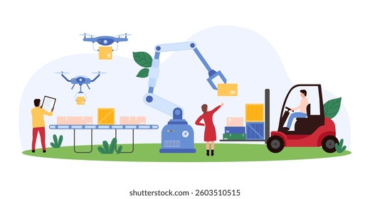 Automation of loading and distribution of goods in factory warehouse, smart manufacturing process. Tiny people and robotic arm load boxes from conveyor belt to forklift cartoon vector illustration