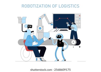 Automation in Logistics concept. Digital transformation in industry with robots assisting humans. Innovation, collaboration, efficiency in supply chain. Vector illustration.
