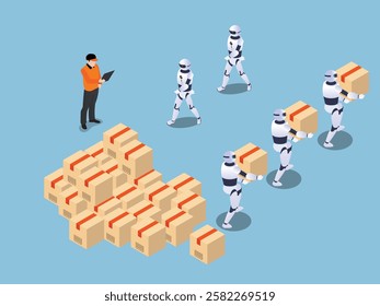 Automation in Logistics - Robots Managing Warehouse Operations 3d isometric vector illustration