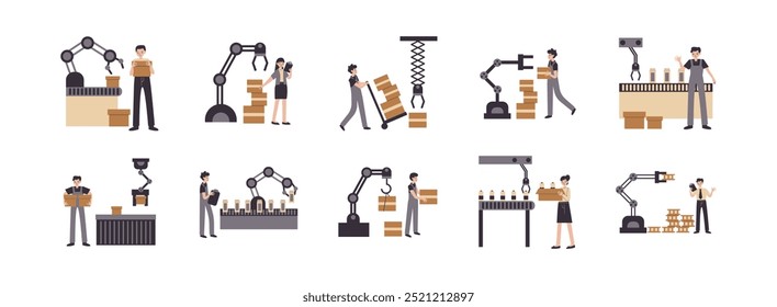 Automation Machine Concept flat illustration set. Include of machine, shipping, automation machine, production assistance. Vector illustration isolated.
