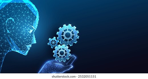 Automation, machine learning, and mechanical intelligence concept with AI robotic head holding gears on dark blue background. Industrial innovation. Glowing low polygonal abstract vector illustration.