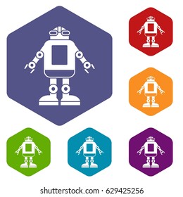 Automation machine robot icons set hexagon isolated vector illustration