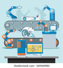 Automation manufacturing template with robotic mechanical arms assembly products at industrial conveyer vector illustration