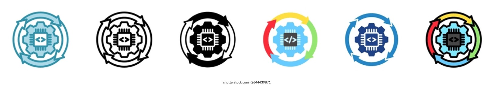 Automação multi estilo, mini ilustração ícone conjunto. contorno, plano, glifo, cor da linha. vetor para UI, UX, aplicativo, web, digital ou impressão, relacionado à aprendizagem de máquina, tecnologia, educação, indústria.
