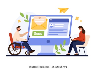 Automation of online writing and sending letter, responsive mail platform support services with AI. Tiny people write letter for open envelope on computer display cartoon vector illustration