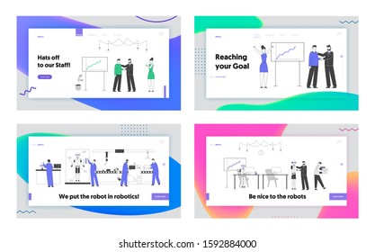 Automation, People and Robots Working in Office Website Landing Page Set. Robotics Engineering Innovative Look, Technology. Company Success Web Page Banner. Cartoon Flat Vector Illustration, Line Art