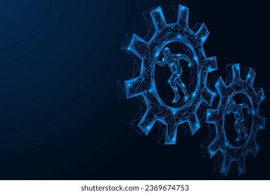 Automation, a person running inside the mechanism. Low-poly design of interconnected lines and dots. Blue background.